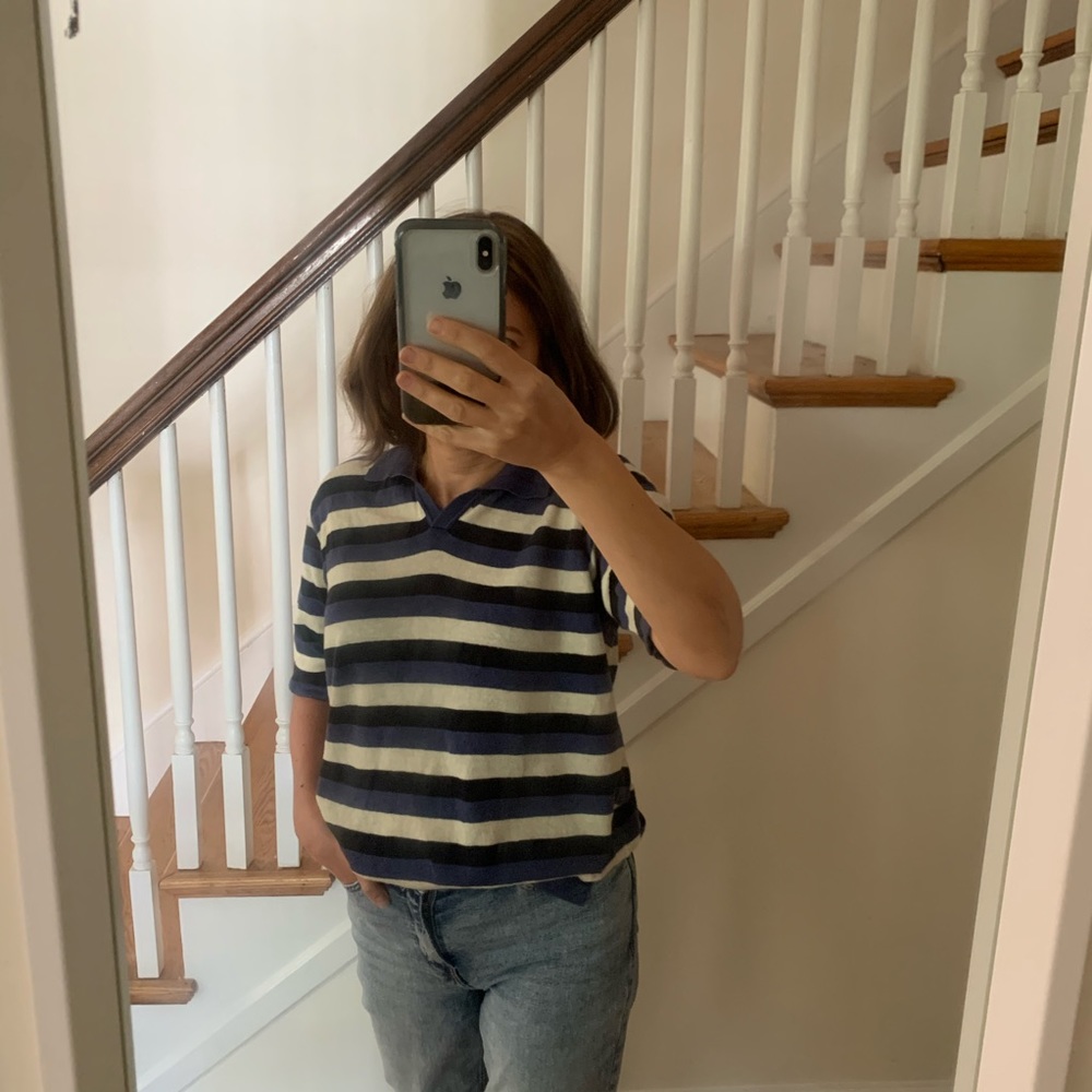 Linen Blend Blue Stripes Polo Knit T-Shirt Made in Italy size M